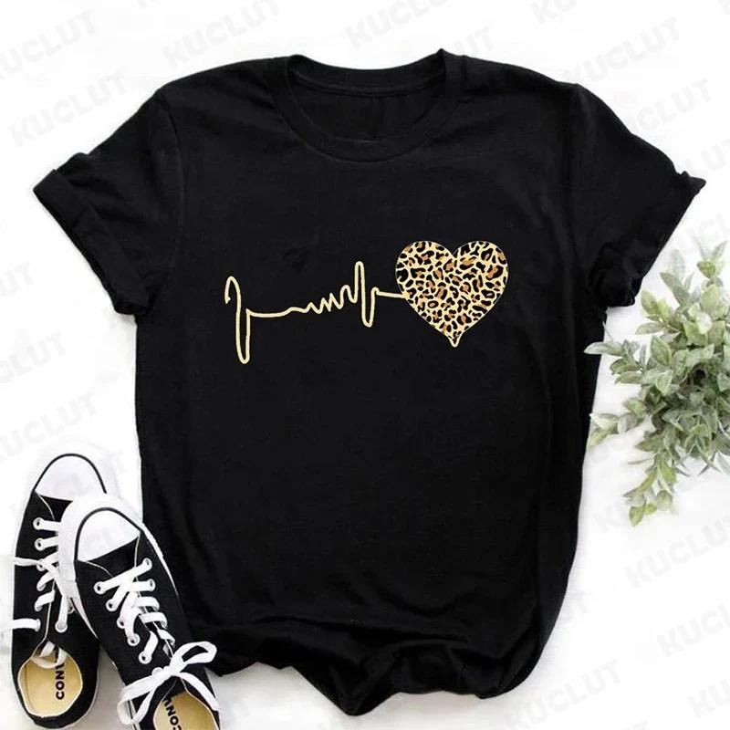 Fashion Unisex Tshirts Leopard Love Heart Print Tops Short Sleeve Clothing Ladies Harajuku Valentines Day Female Clothing