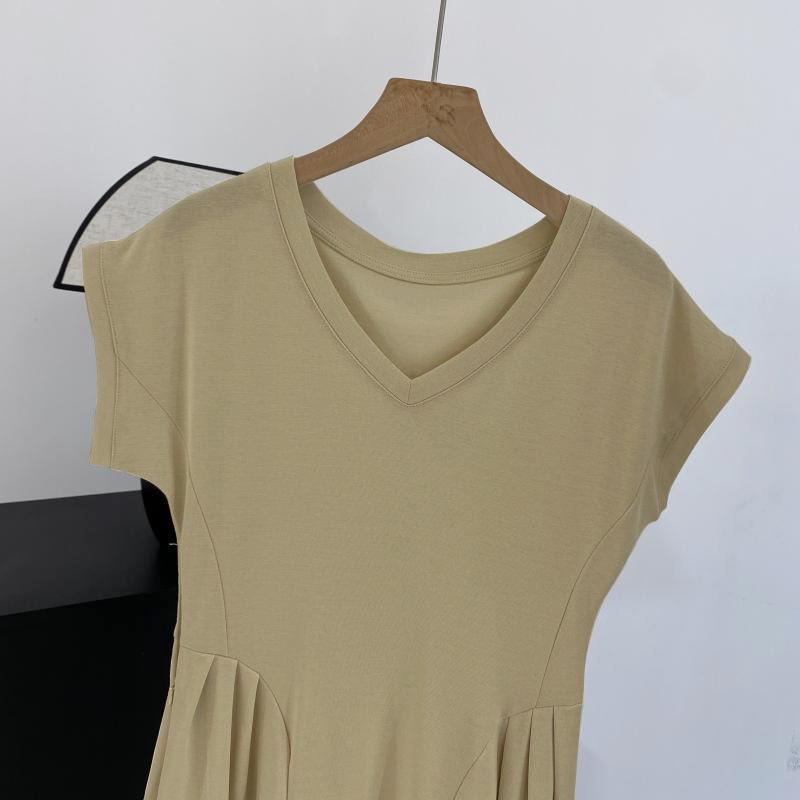 

Dress women s long and thin Korean version V-neck design feeling waist casual Korean version short-sleeved summer dress 3XL хакі
