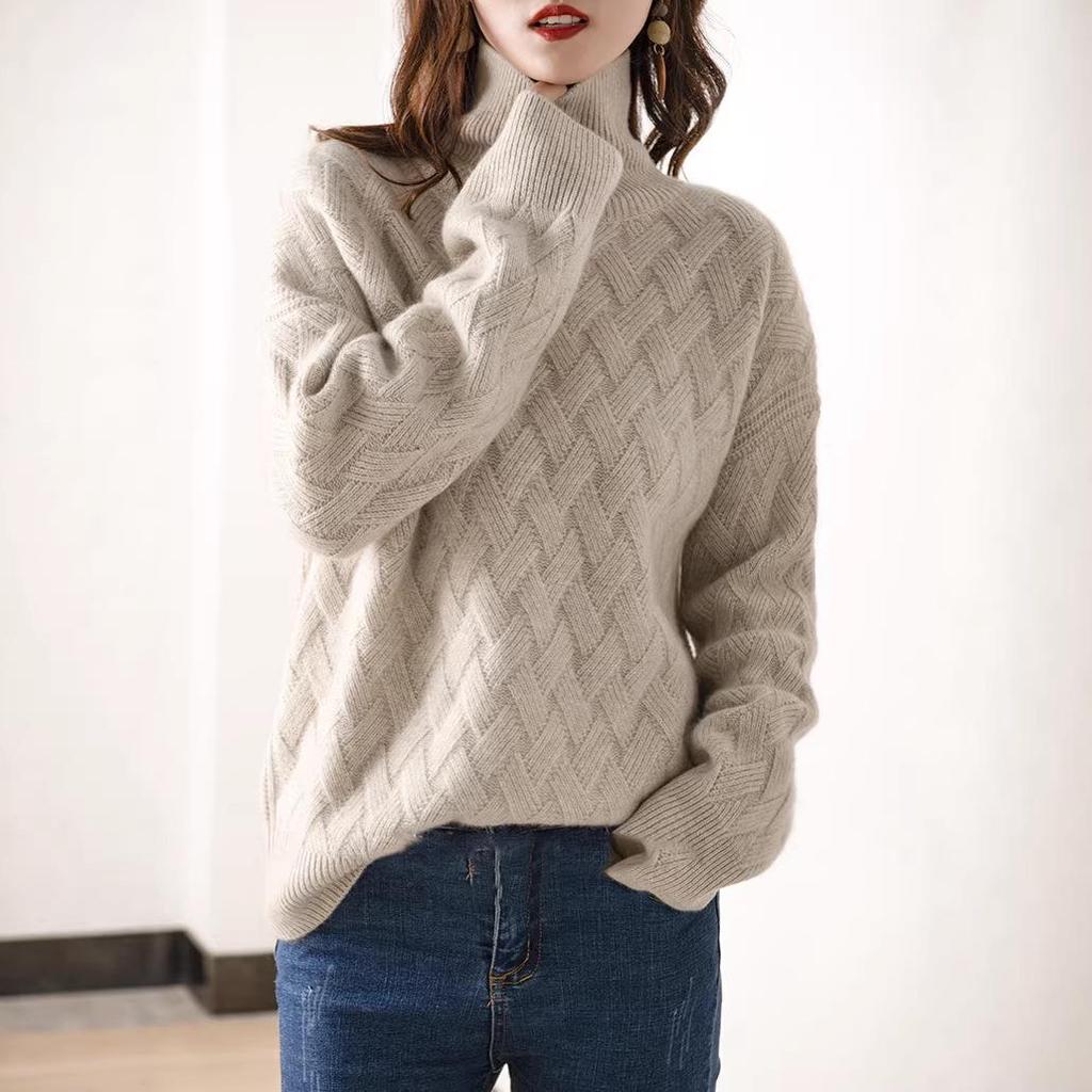 Women's High Neck 100% Pure Wool Sweater - Autumn/Winter Loose Knit Pullover