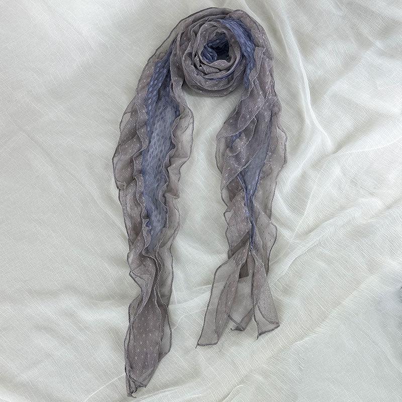 Korean Mesh Color Blocked Polka Dot Scarf for Women Spring and Summer Lace Ruffle Edge Scarf 192*44*cm