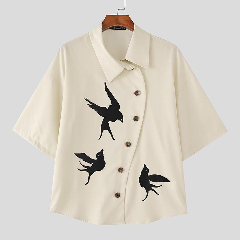 INCERUN Oversized Men Lapel Neck Short Sleeve Side Buttons Up Print Casual Loose Shirts