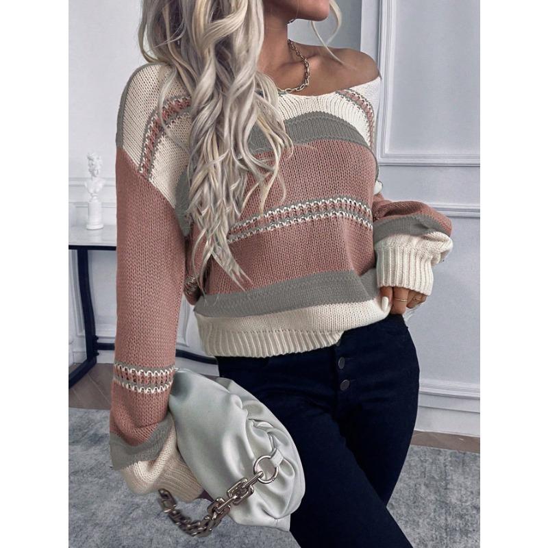 Women S V Neck Striped Spliced Loose Knit Pullover Sweater