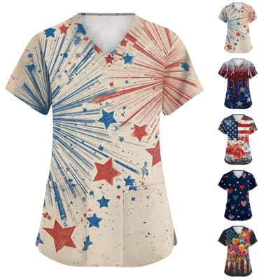 Women's Fashionable Casual Independence Day American Flag And Stars Print V-neck Short-Sleeved Work Shirt With Double Side Slits And Pockets