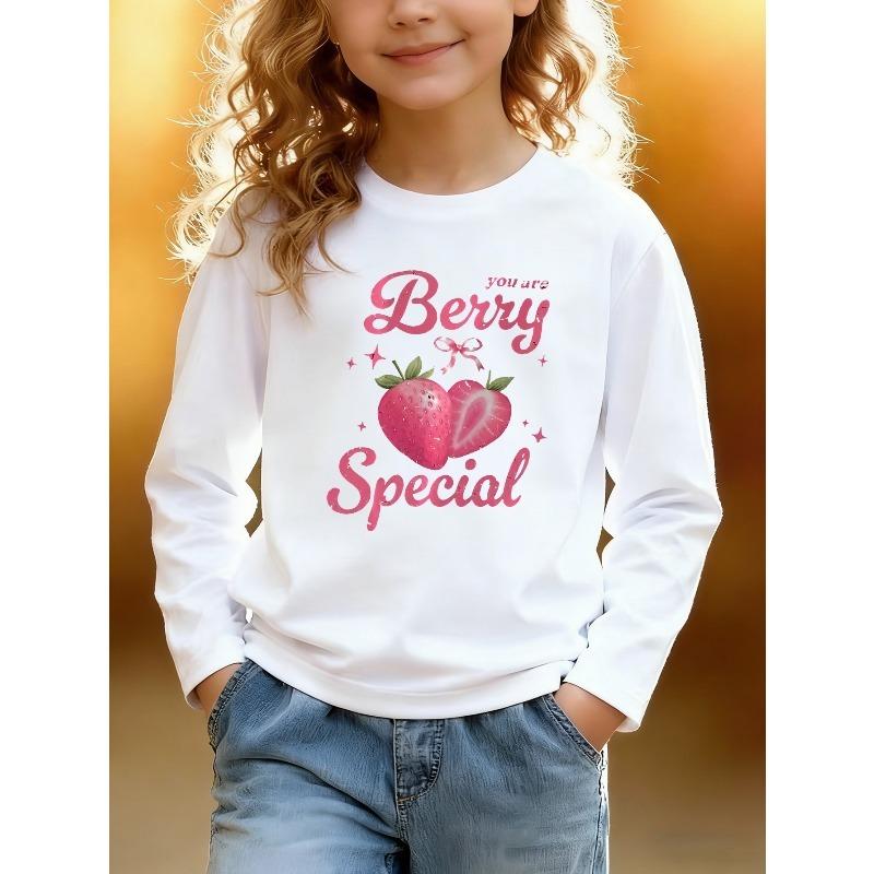European sizes Kids Athletic Cartoon Print Round Neck Top, Kids Cartoon Strawberry Print Round Neck Long Sleeve Top, Cartoon Characters 110