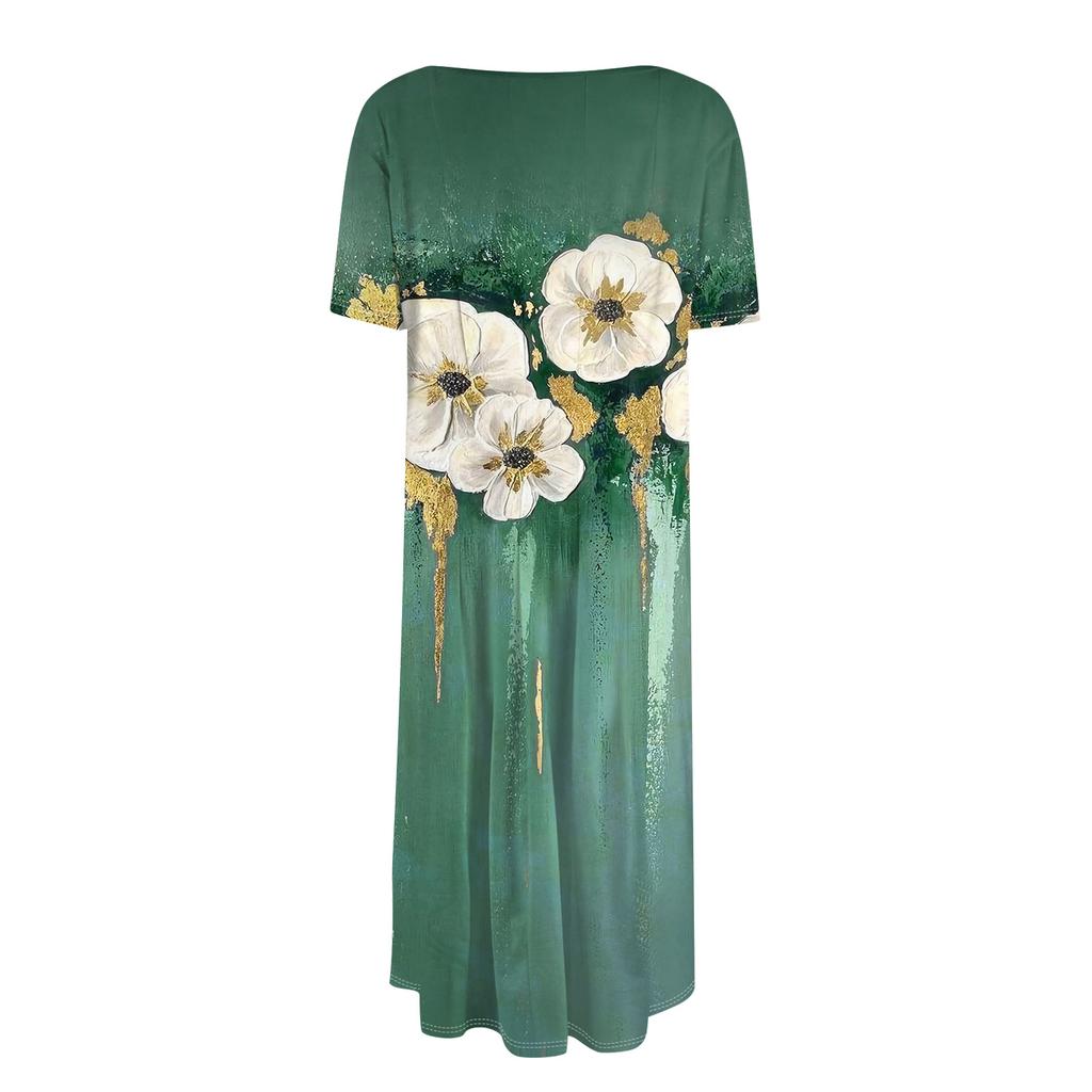 Women Casual Printed Round Neck Long Dress
