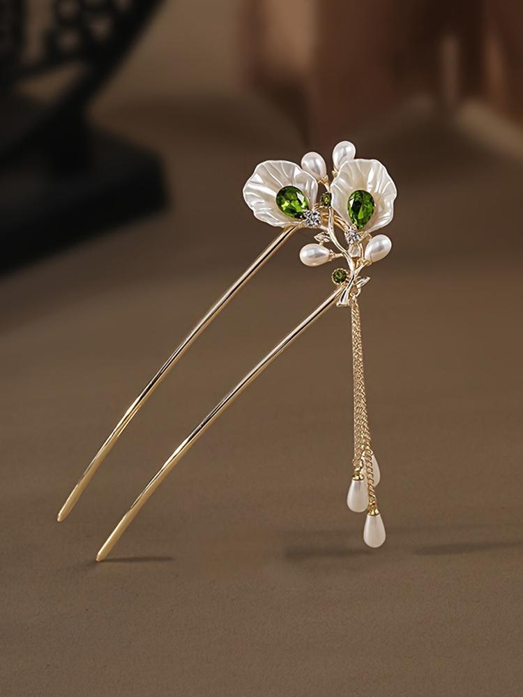 Flower hairpin, pearl and green bead tassel hair accessory, exquisite new Chinese style hair accessory hairpin