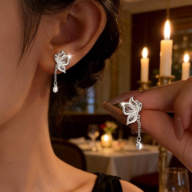

925 Sterling Copper Hollow Butterfly Stud Earrings for Women Luxury Designer Zircon Wholesale Accessories Prevent Allergies