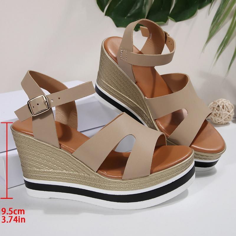 

High-heeled Sandals Women s Shoes Casual Sponge-soled Sandals Women s Wedge Heels Cowhide Fish-mouth Thick-soled Shoes 43 абрикосовый