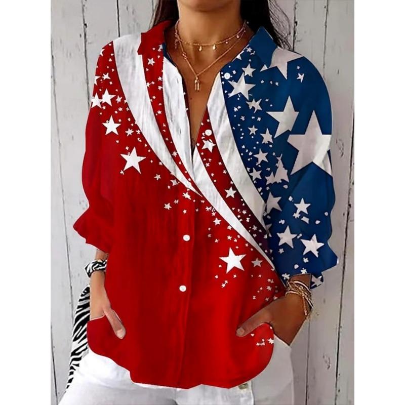 Women's Long-Sleeve Shirt Star-Print Button-Down Collar Fashionable Breathable Shirt Casual Everyday Loose-Fit Versatile Shirt