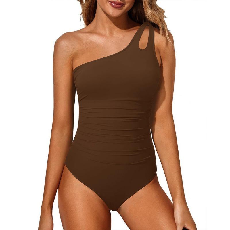 New Solid Color Splicing Tight Body Halter Pleated Shoulder Sexy One-piece Swimsuit Women