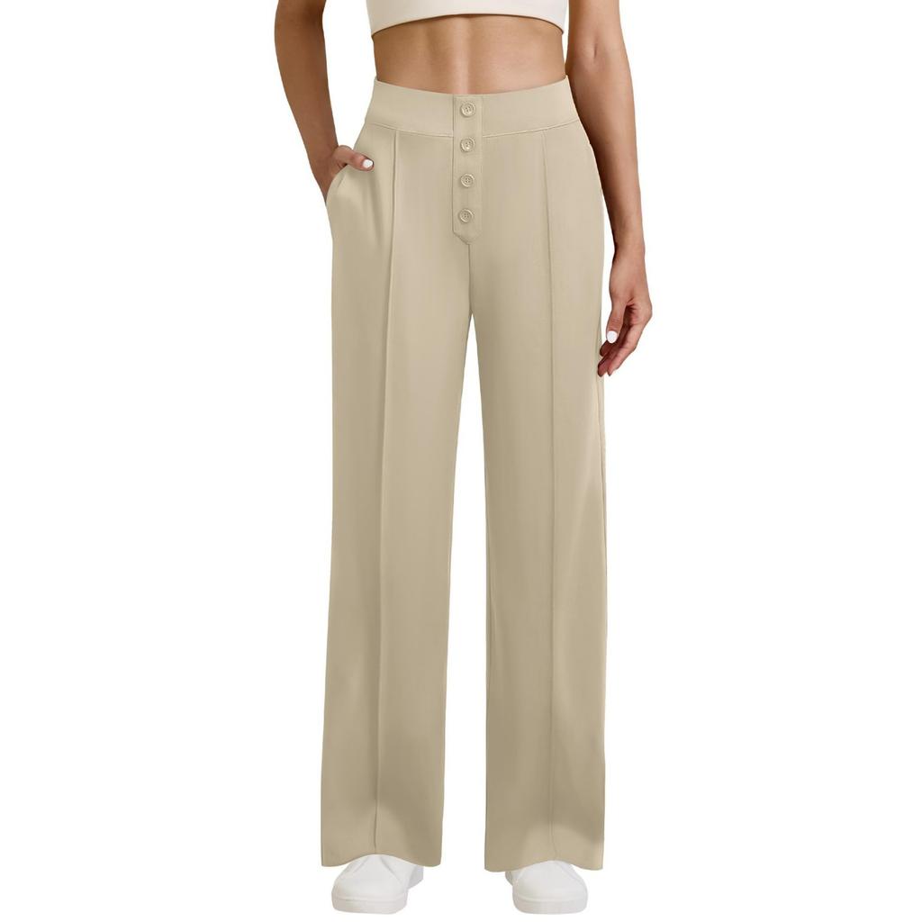 Women's Casual Straight-leg Trousers, High-waisted, Button-down, Elasticated, Wide-leg Trousers With Pockets