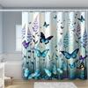 Blue And Purple Butterfly Print Shower Curtain With Hooks, Polyester Fabric, Floral And Butterfly Design, Elegant Bathroom Decor