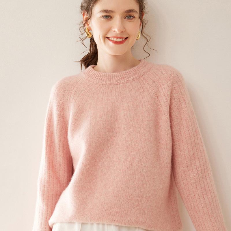 Women's Thickened Cashmere Raglan Sweater - Loose Fit, Solid Color, Round Neck, Autumn/Winter Fashion Pullover