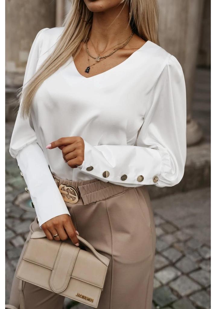 2024 Autumn Fashion Women's V-Neck Long Sleeve Button-Down Solid Color Top