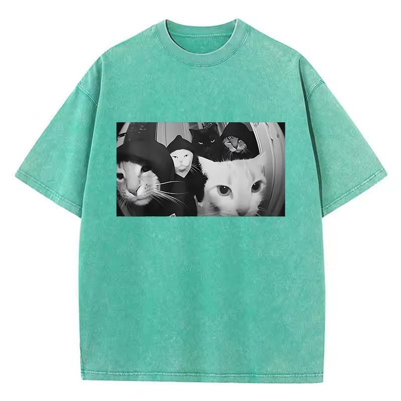Trendy T Shirt Vintage Washed Cotton T-Shirt Streetwear Smoking Cat Graphic Tee Casual Streetwear Spring Summer