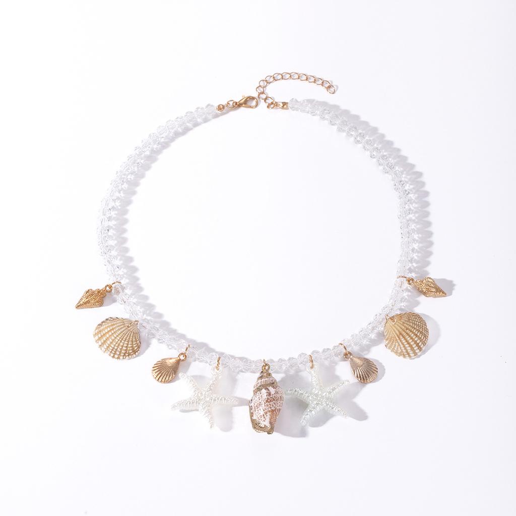 Summer Shell Starfish Conch Pendant Necklace for Women Transparent Crystal Bead Necklace Vacation Style Jewelry Accessory