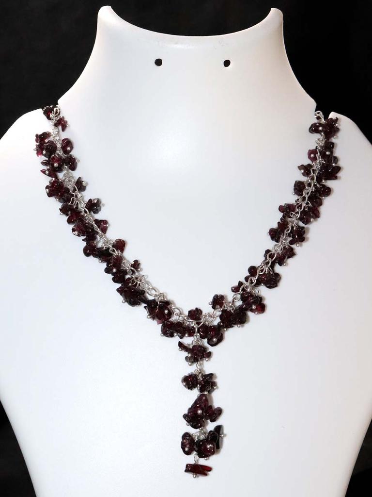 Cluster Beaded Hessonite Garnet Grapes 925 Silver Plated Necklace 18" Trendy v3m74
