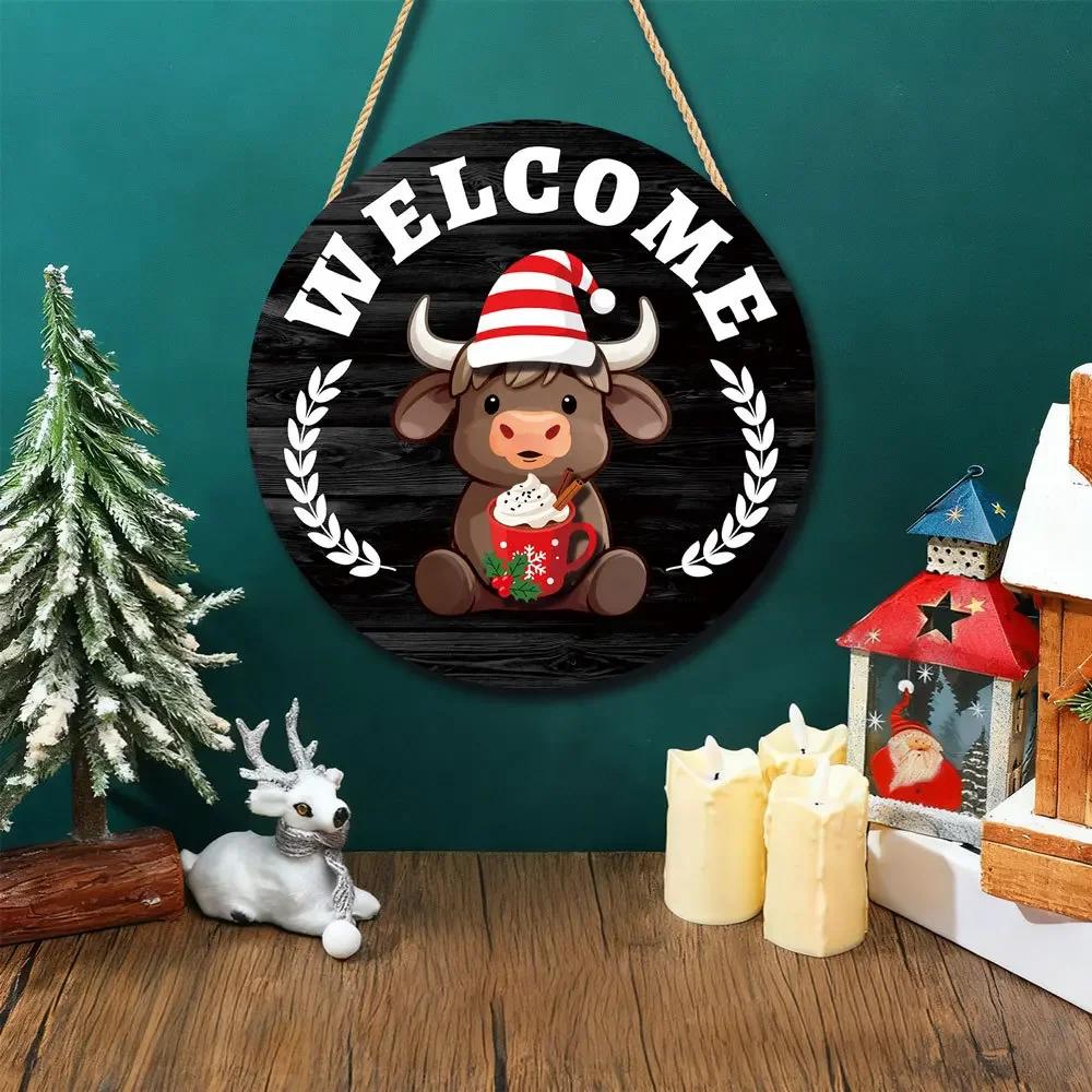 Rustic Upland Cow Wooden Welcome Sign with 35 Interchangeable Accessories for Seasonal Home Decoration Hanging