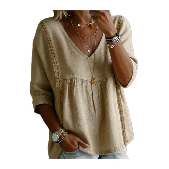 

Women Tops V Neck 3/4 Sleeves Pure Color Lace Splicing Design Tee Shirt Loose Fit Versatile Summer Shirt Daily Wear XXL