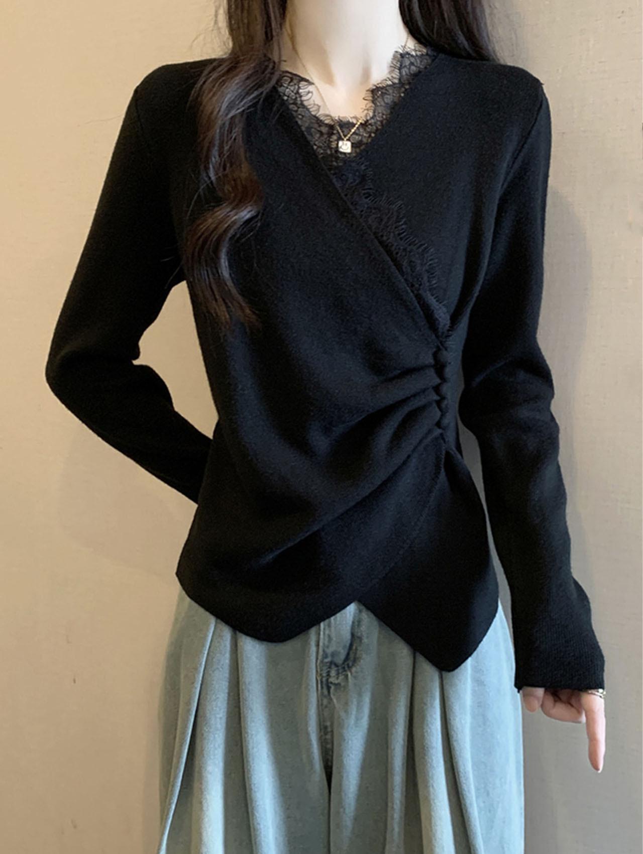 

Women s V-Neck Long-Sleeve T-Shirt with Lace Splicing and Irregular Cross Design Double Extra Large чёрный