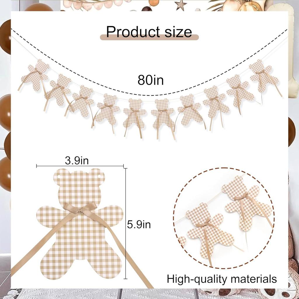 1set Cartoon Grid Bear Paper Banner Burlap with Bow Wall Hanging Garland for Kids Birthday Baby Shower Party Background Decor