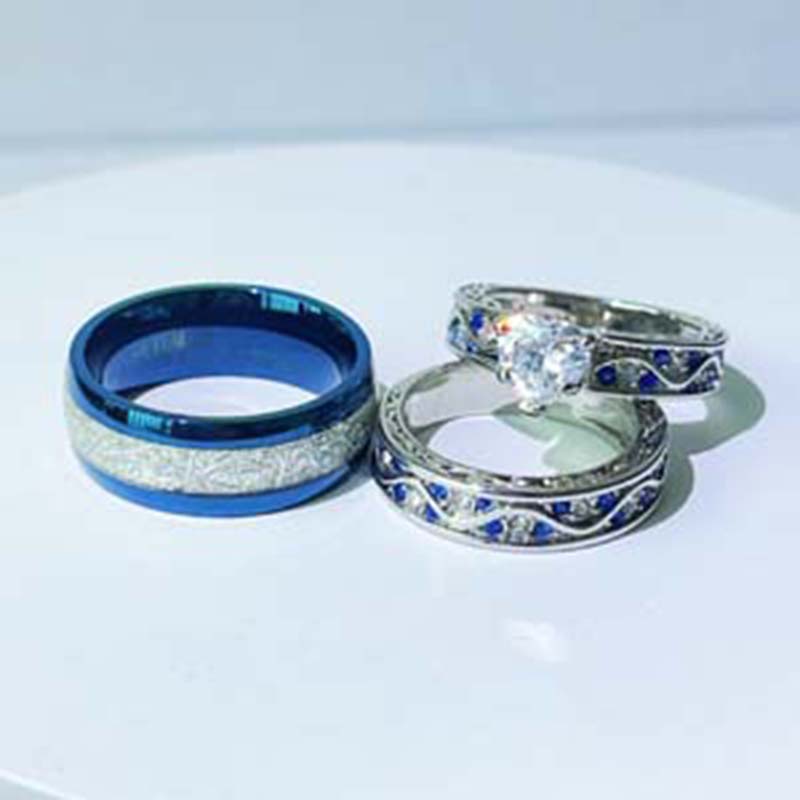 Fashion Couple Rings Romantic Women Heart Zircon Stone Rings Set Men's Blue Stainless Steel Ring Wedding Party  Gifts