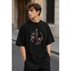 Men's Oversized Black T-Shirt with Japanese Kanji & Floral Graphic, Soft Cotton Crewneck Short Sleeve Top for Streetwear Casual Daily Wear