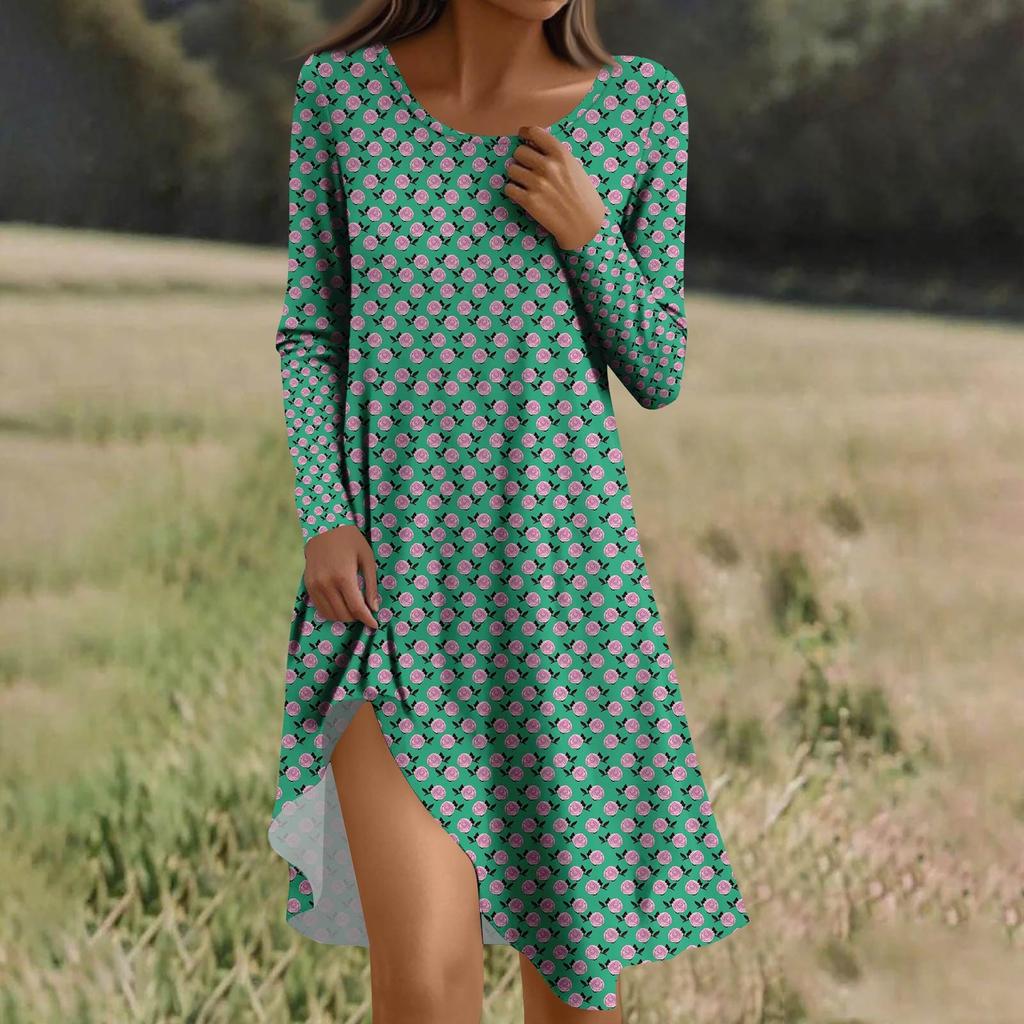 Langärmeliges Kleid für Damen Lässiges Locker sitzendes Druckkleid mit Taschen