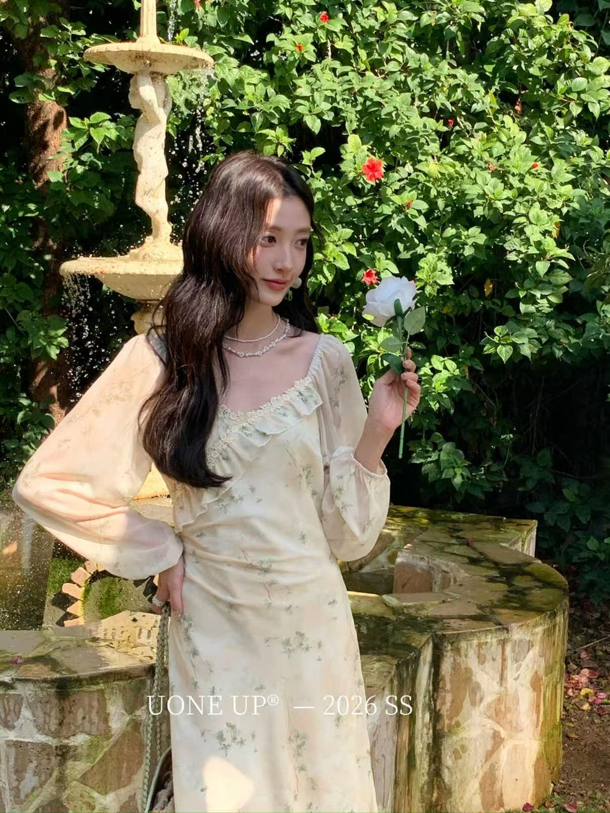 UONE2026 Elegant French Floral Ruffle Long Sleeve Square Neck Dress for Women L
