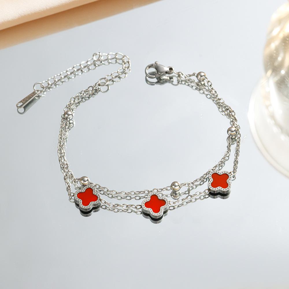 18K Titanium Steel Double-layer Bracelet with Four Leaf Clover, Light Luxury and High-end Feel, Women's Bracelet, Simple Hand Accessory