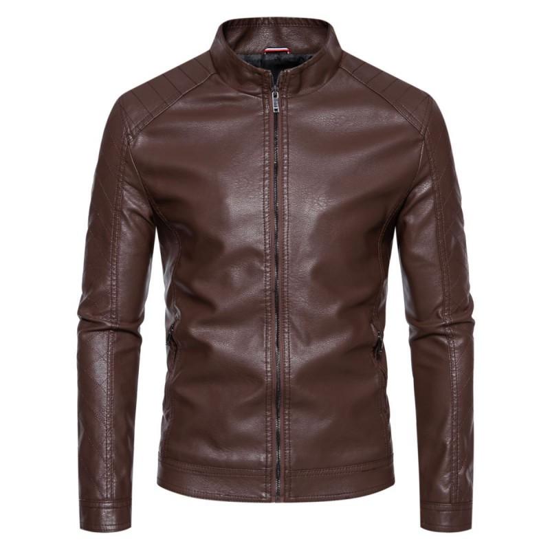Mens PU Leather Biker Jacket Stand Collar Slim Fit Casual Motorcycle Coat