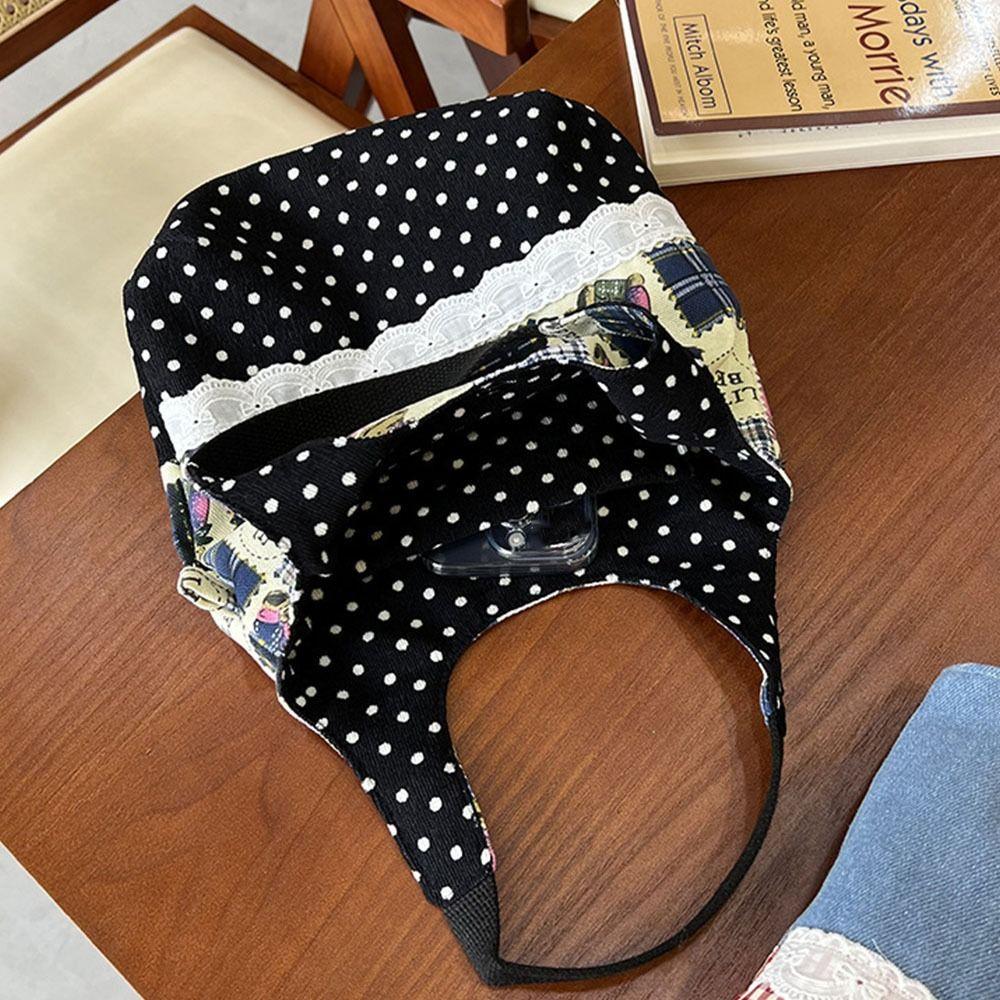 Portable INS Sweet Lace Handbag Denim Plaid Canvas Tote Bags Commuting Bags