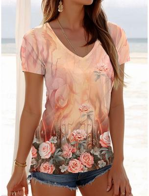 2025 Damenmode T-Shirt Floral Grafik Mode Kurzarm V-Ausschnitt Reguläres Oberteil
