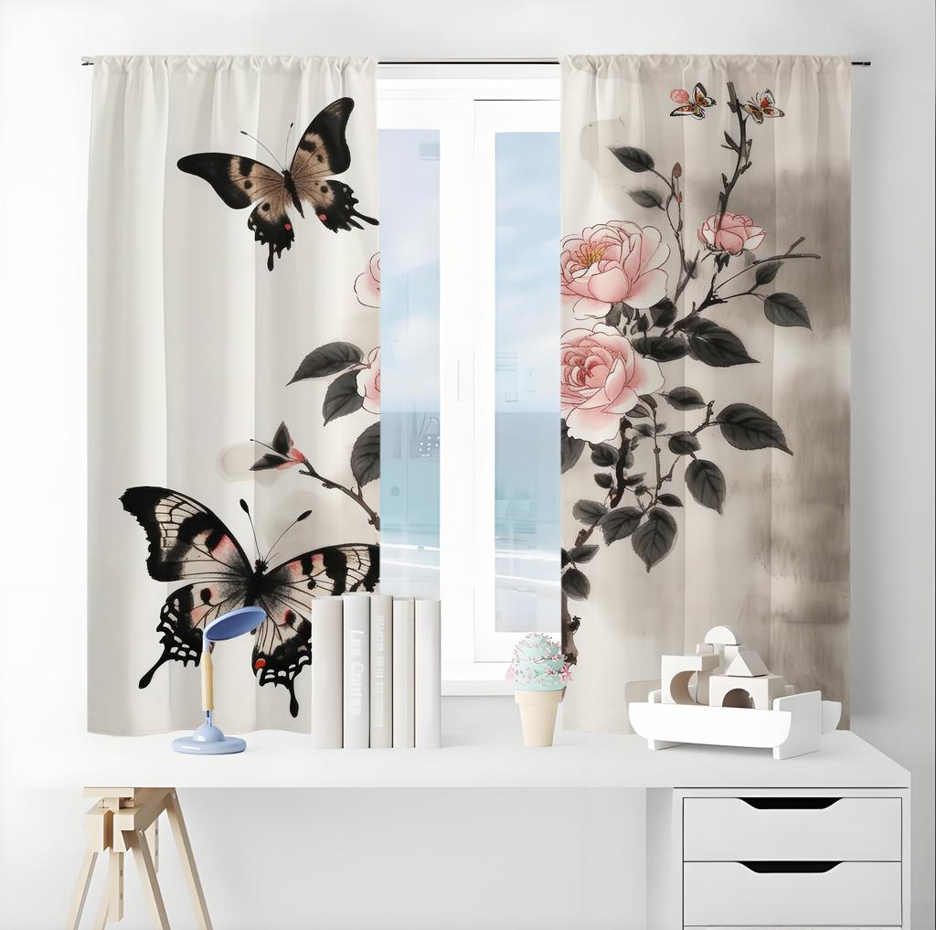 2-Piece Flower Butterfly Design Rod Pocket Curtains   Versatile Home Window Decor for Various Scenarios