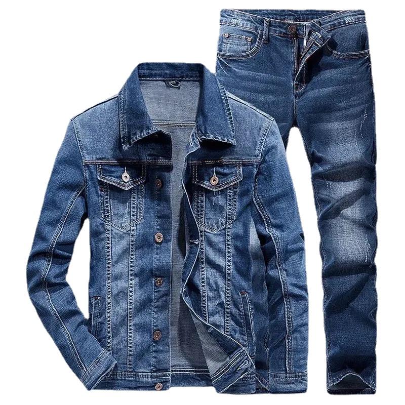 Men's Spring and Fall Denim Suit Wear-resistant Breathable Suit Denim Jacket + Jeans 2-piece Set