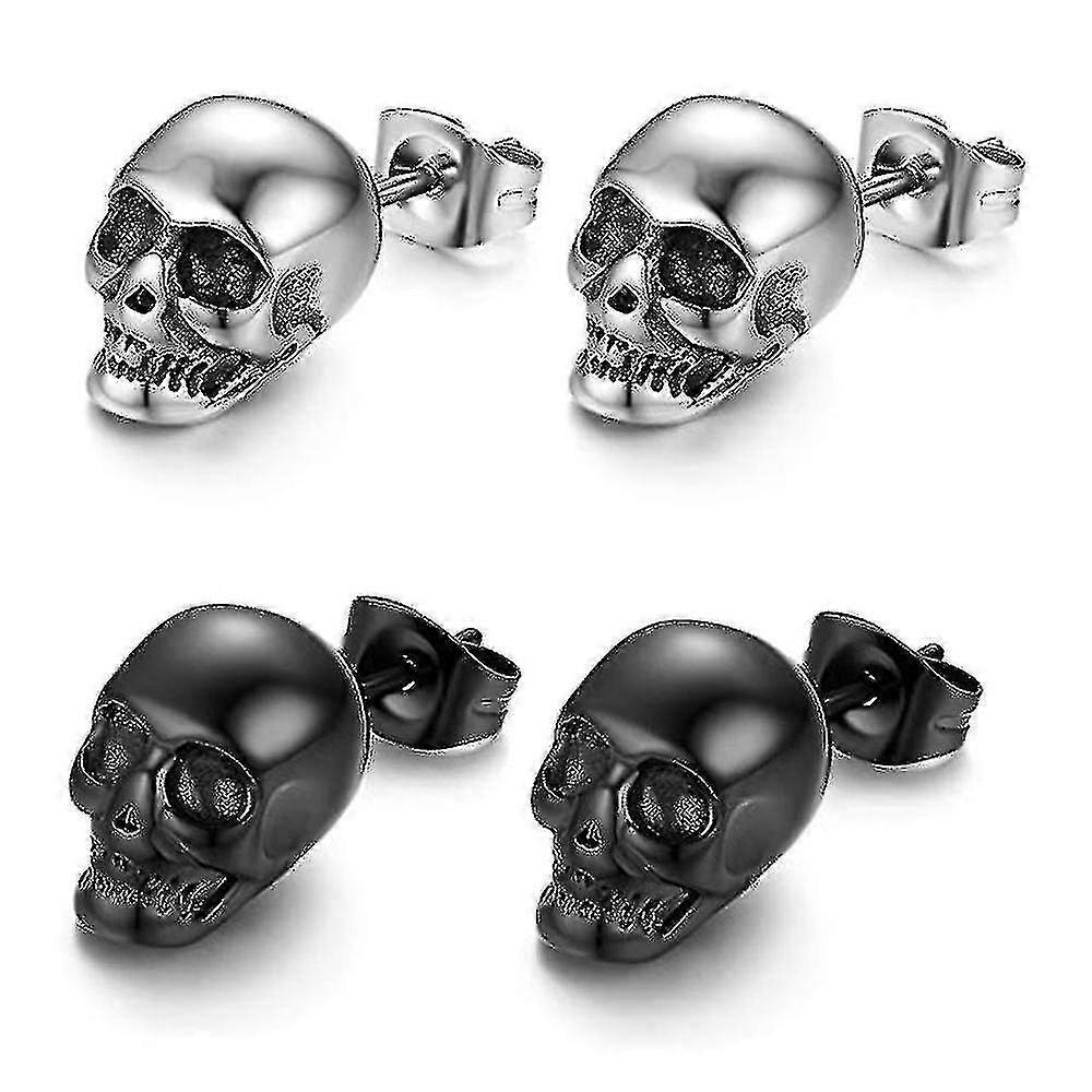 Punk Stainless Steel Stud Earrings, Men's Rock Stud Earrings (2 Pairs, Black, Silver)-)