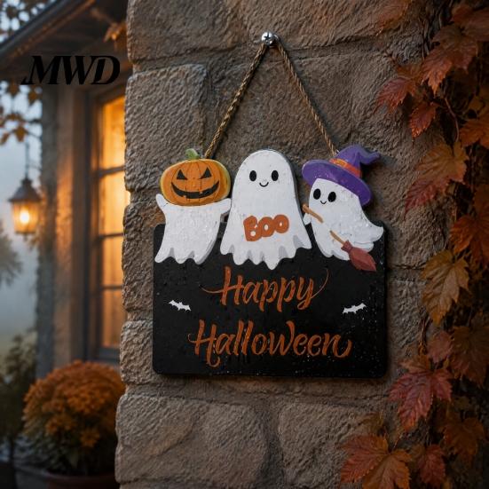 Black Orange Party Props Halloween Ghost Door Sign, Cute Ghosts Wooden Hanging Wreath, Rustic Happy Gift for Friends Welcome Sign Home Wall Farmhouse