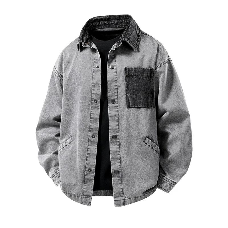 Spring Autumn American Style Vintage Jackets Men Turn Down Collar Patchwork Pocket Loose Casual Jacket Male Streetwear Outwear XXL