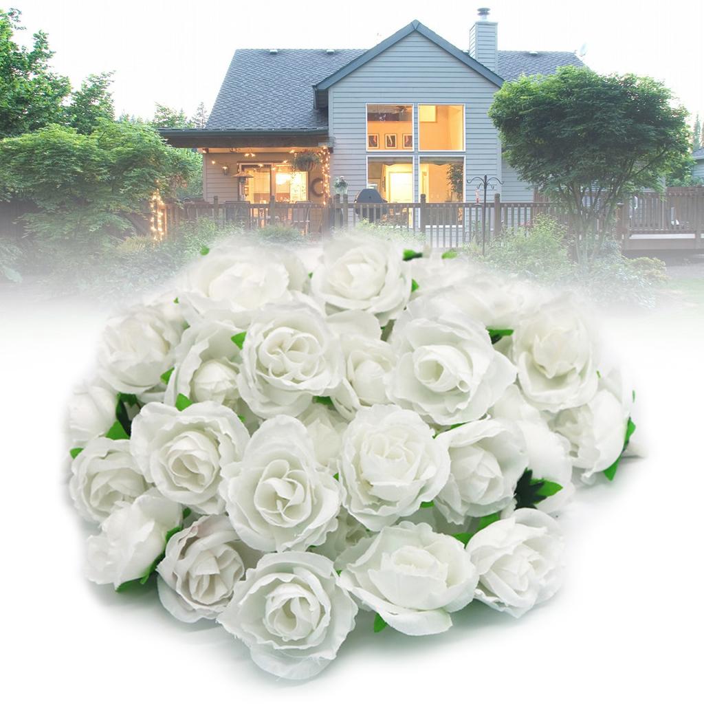 50PCS Simulation Rose Head Decorative Reusable Silk Fake Rose Flower for Wedding Party White