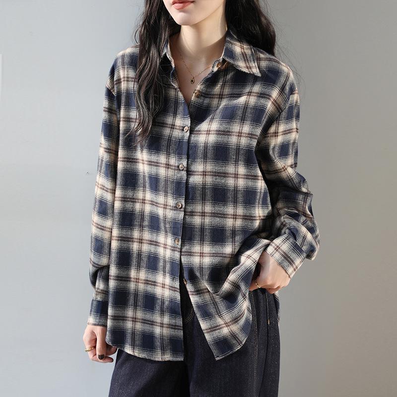 Camisa Xadrez Azul Marinho Escovado Estilo Coreano 2025 para Mulheres - Jaqueta Casual Solta de Manga Longa Outono/Inverno