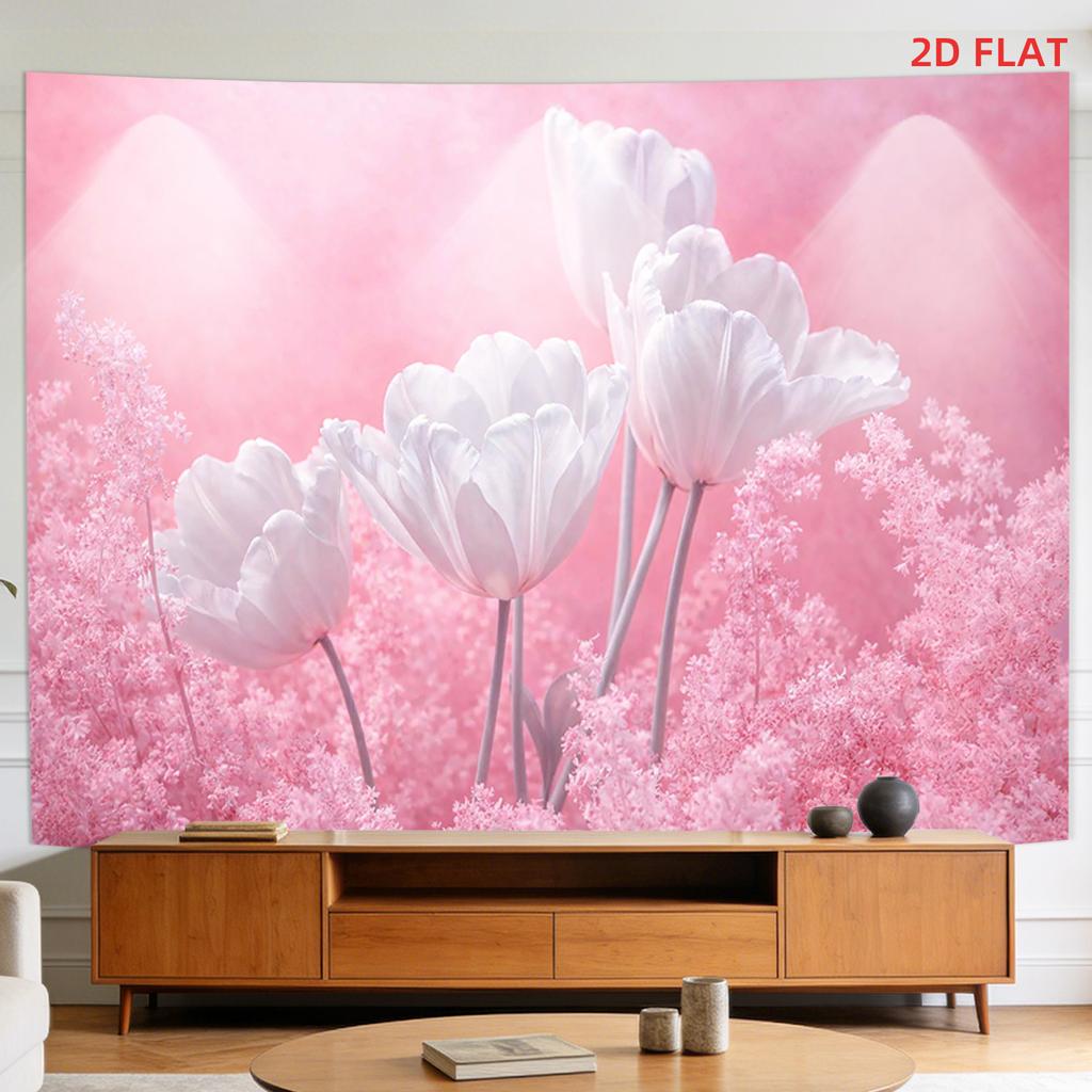 2D Flat - 2D Flat - A Tapestry Featuring a Large Or Small Design of White Tulips on a Pink Background, Characterized by Its Delicate And Dreamy Appear