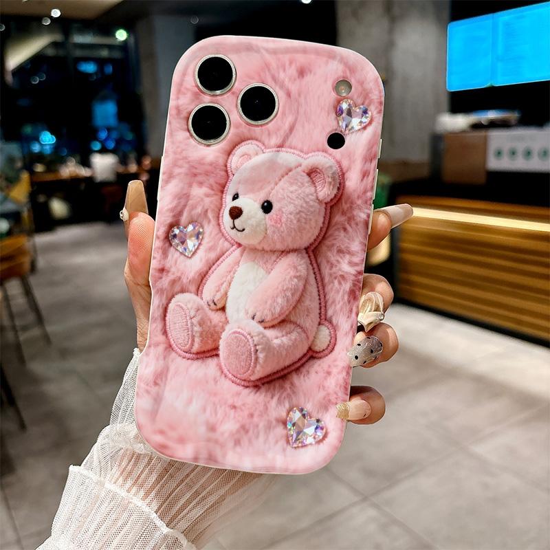 Cute Cartoon Pink Plush Bear Printed Phone Case For iPhone 17 16 Pro Max 15 14 13 12 11 Cover For iPhone Air 16E XS XR X Fundas