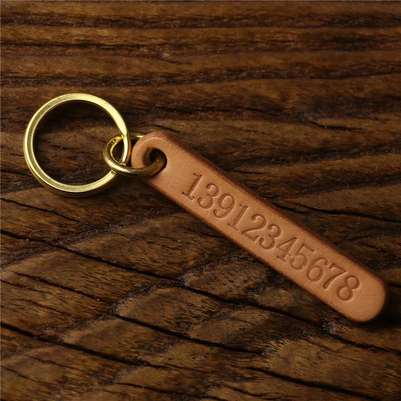 Engraved Retro Cowhide Car Keychain with Custom Phone Number Tag