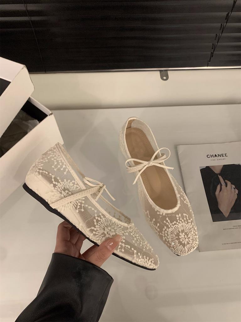Innen erhöhende französische elegante Abendschuhe Damenschuhe 2025 Frühling Mesh Spitze Ballerinas Mary Jane Einzelschuhe