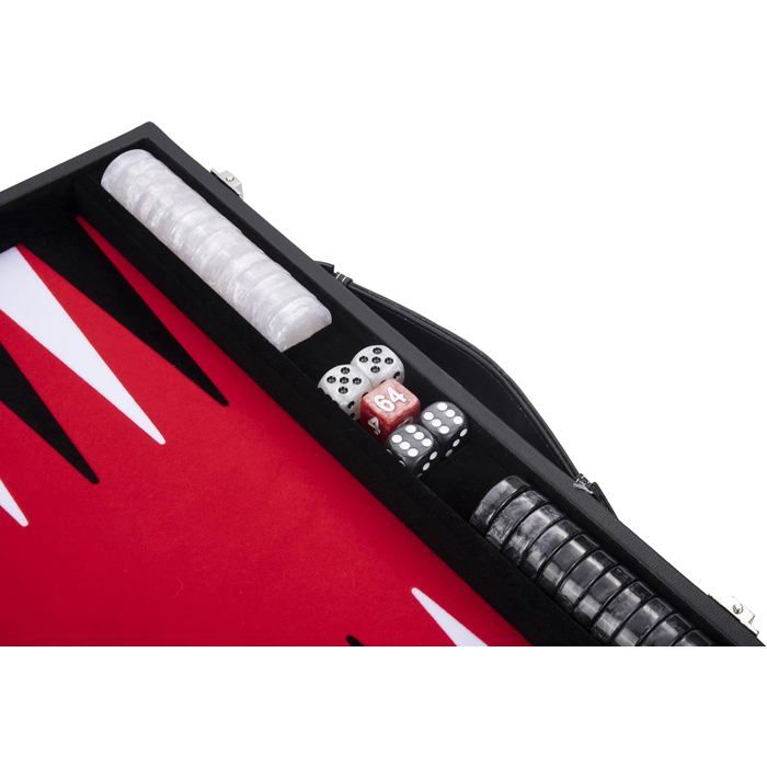 Backgammon de Luxe 18" 45,5 cm- Haute qualité -Simili Cuir, Feutre spécial incrusté, jetons et dés nacrés (Rouge/Noir/Blanc)