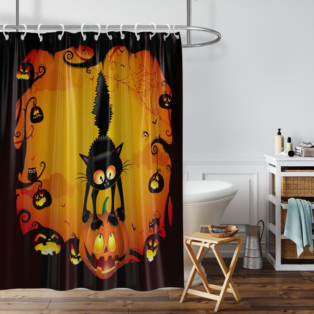 1 piece 180x180cm orange pumpkin black cat print Halloween shower curtain partition bathroom waterproof and mildew proof