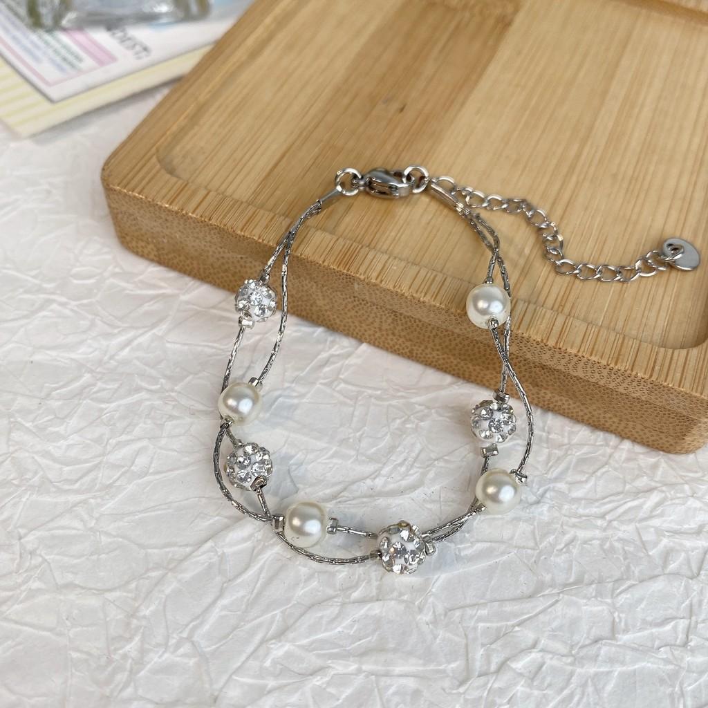 Elegant Silver Doublelayered Pearl Bracelet Chic Minimalist Titanium Steel Jewelry Women For