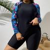 Dámské dvoudílné plavky s dlouhým rukávem a květinovým potiskem, plus size