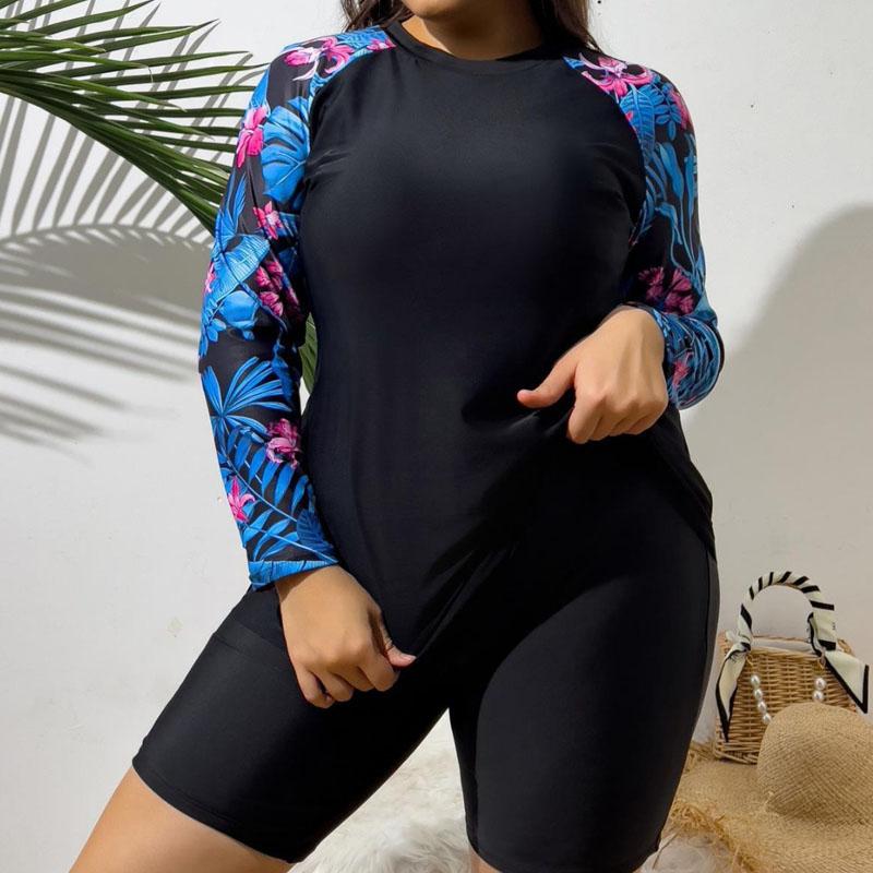 Dámské dvoudílné plavky s dlouhým rukávem a květinovým potiskem, plus size