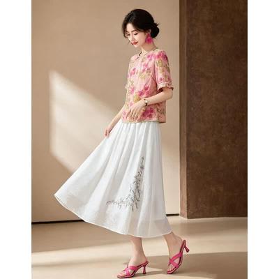 D.F.DEAR New Chinese Style Printed Top & A-line Skirt Set